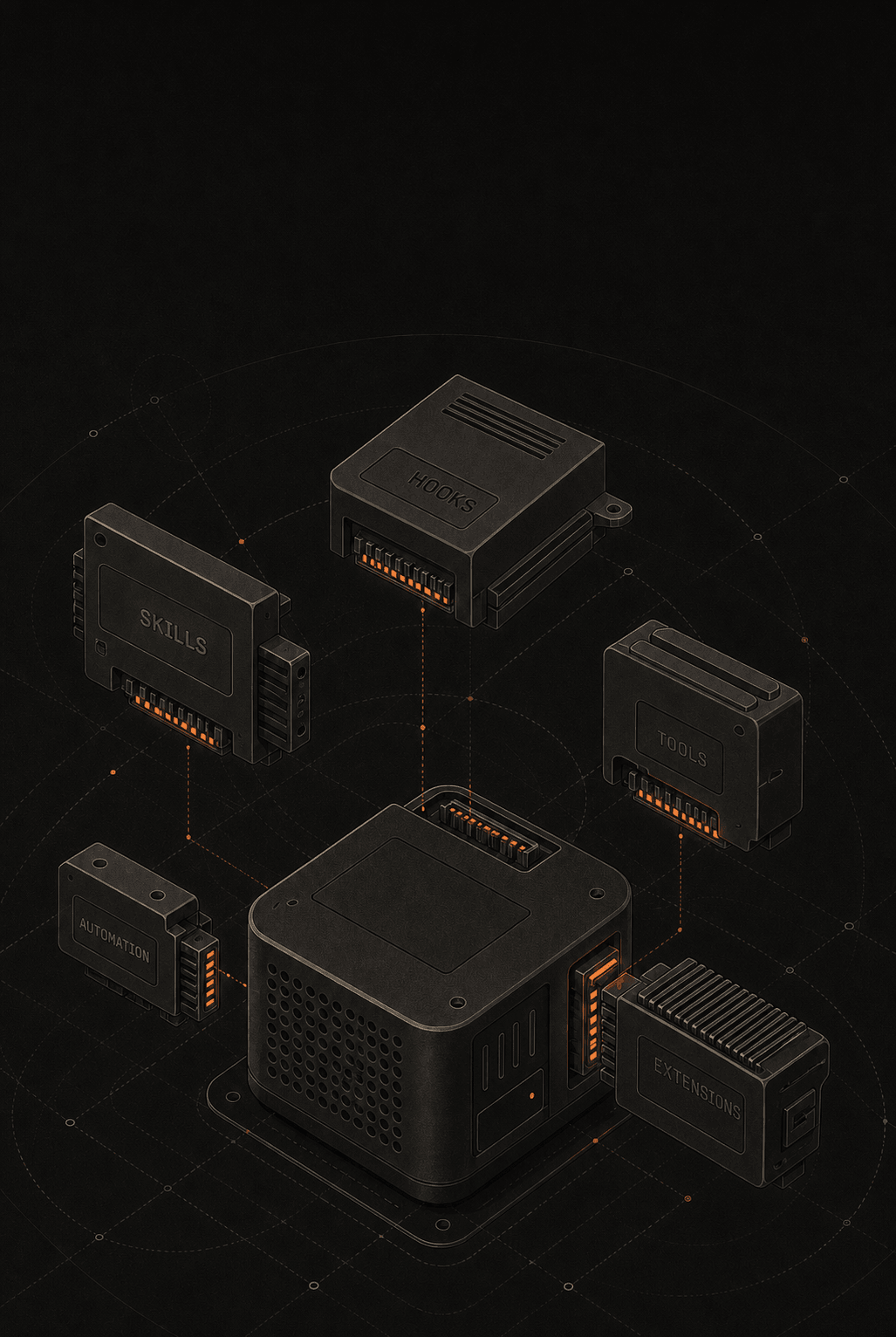 AGH daemon device with five pluggable extension cartridges โ hooks, skills, tools, automation, extensions โ snapping into the runtime.