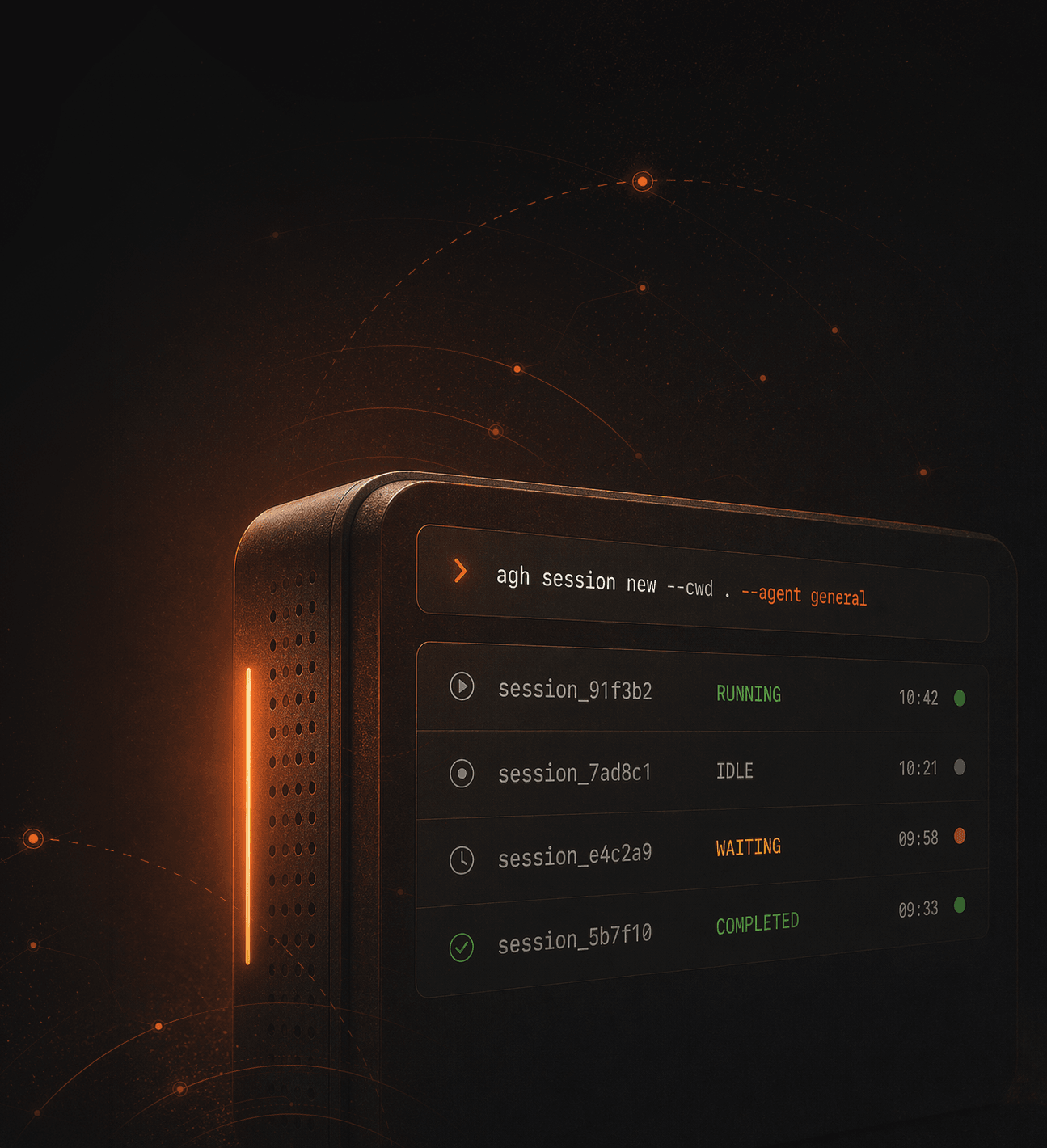 AGH runtime device showing durable agent sessions and status indicators.