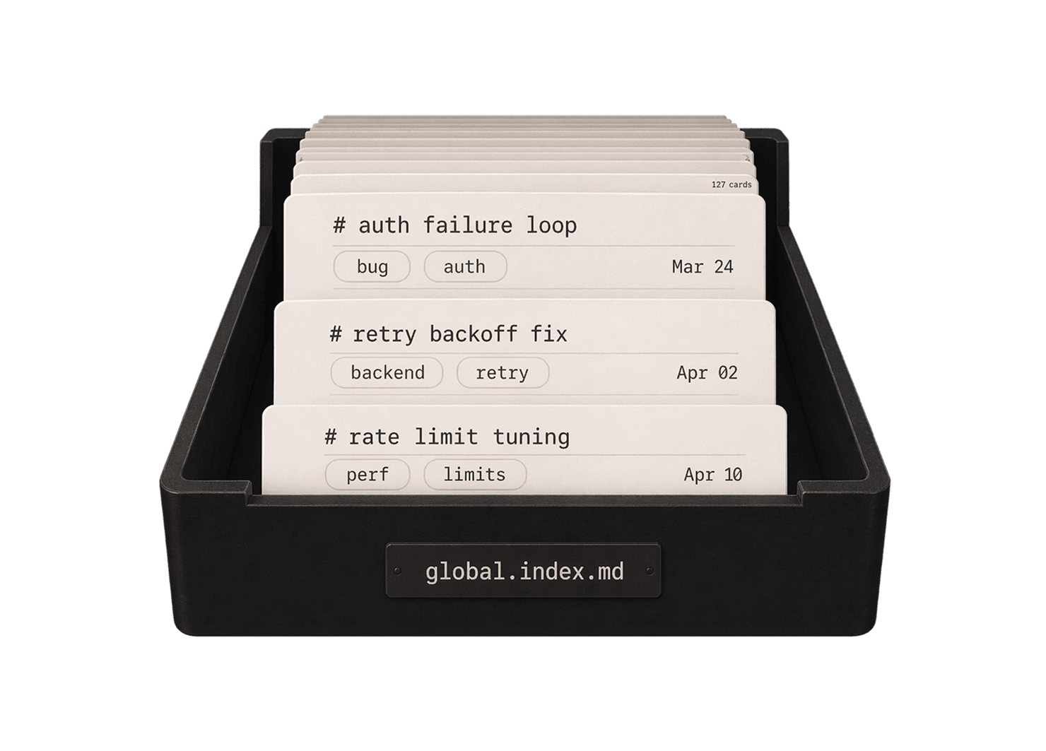Memory cards stored in a global Markdown index.