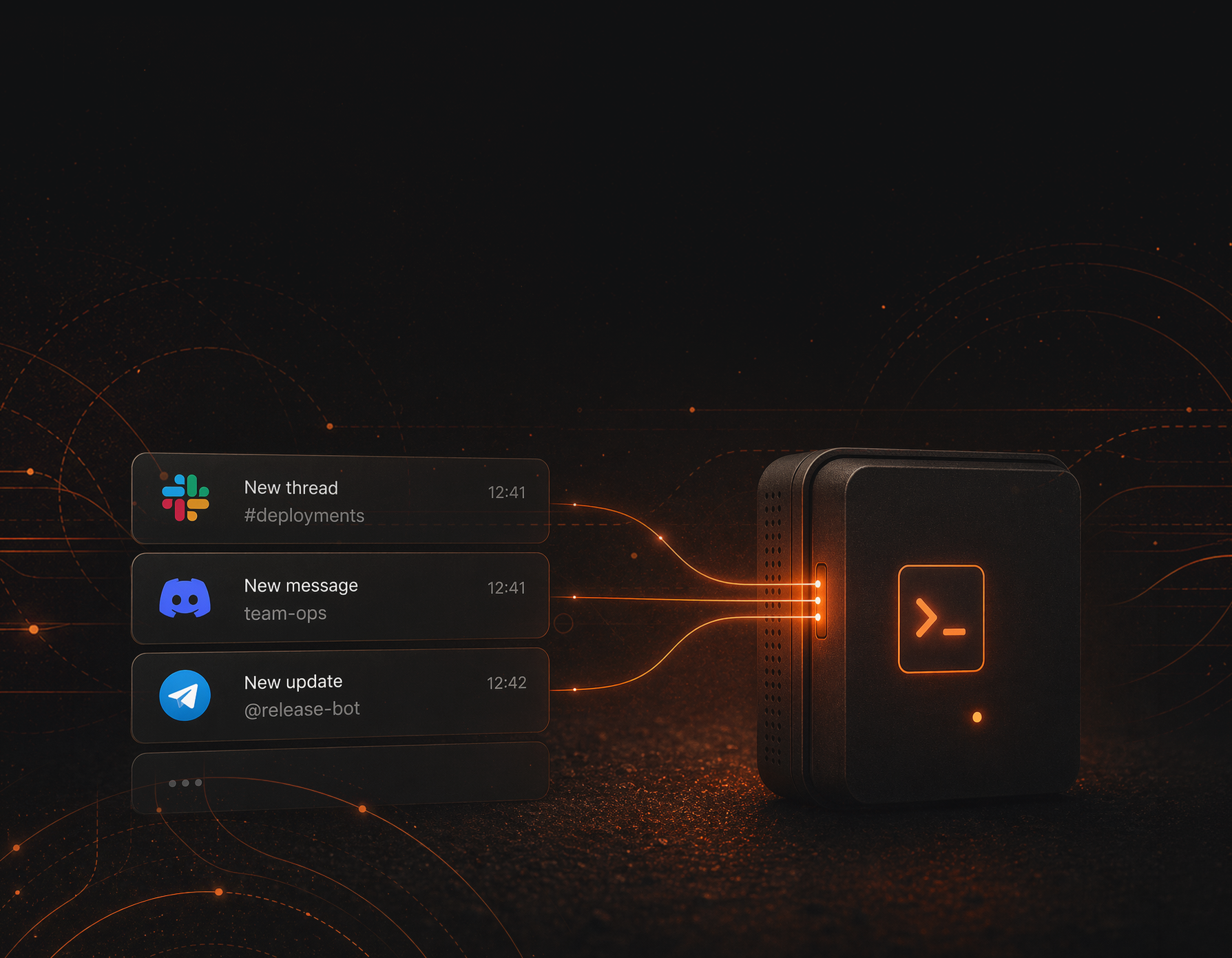 Bridge events from Slack, Discord, and Telegram entering an AGH device.