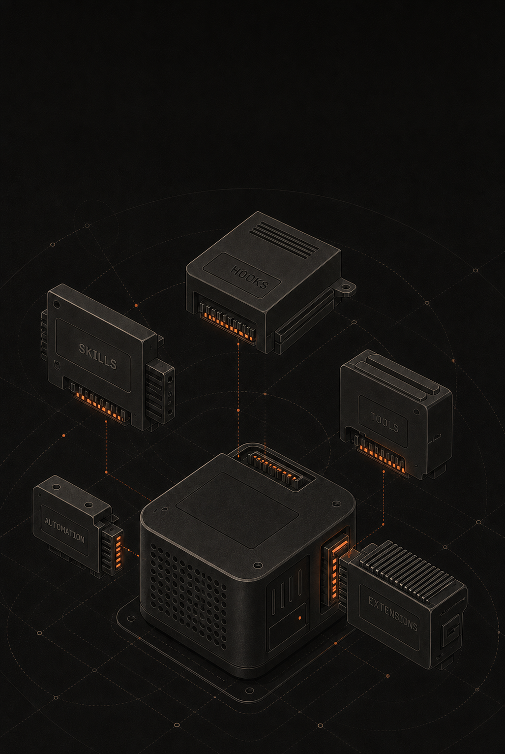 AGH daemon device with five pluggable extension cartridges — hooks, skills, tools, automation, extensions — snapping into the runtime.