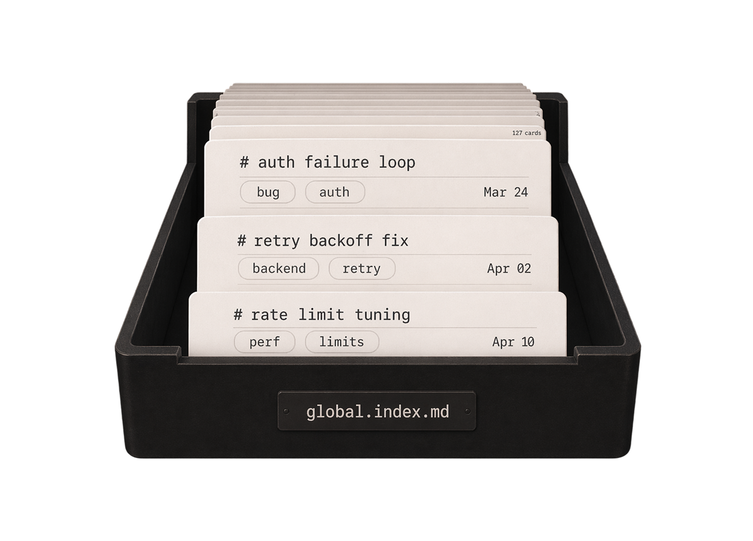 Memory cards stored in a global Markdown index.